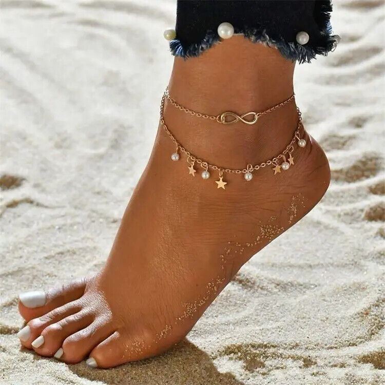 Gold Boho Ankle Bracelet Multi Layer Anklet Anklets Adjustable Chain Foot Beach - Picture 14 of 14