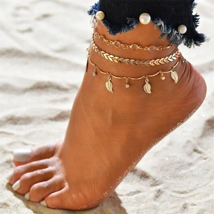 Gold Boho Ankle Bracelet Multi Layer Anklet Anklets Adjustable Chain Foot Beach - Picture 11 of 14