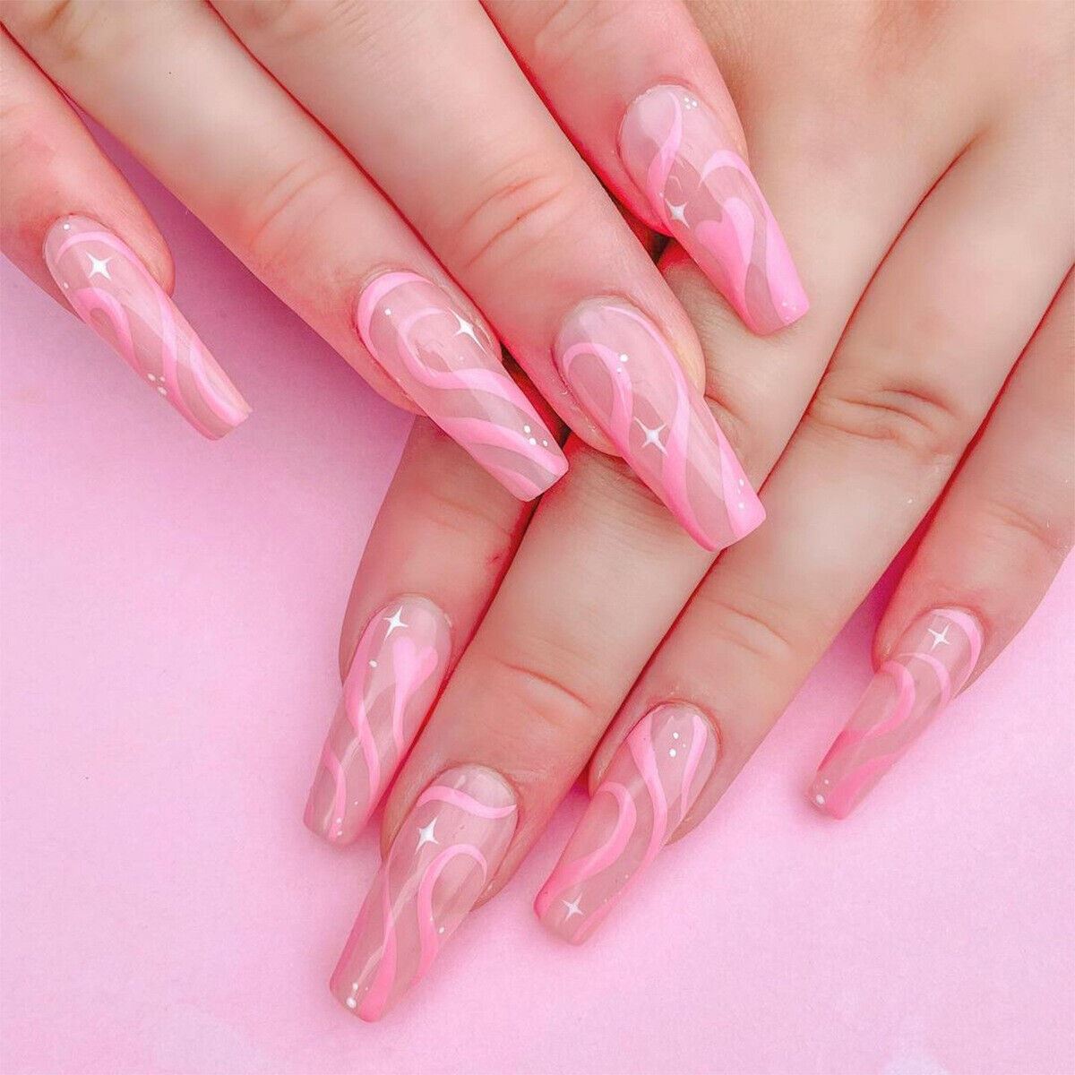24Pcs Long Coffin Ballerina Almond Press On False Fake Nails Art With Glue Box - Picture 8 of 23