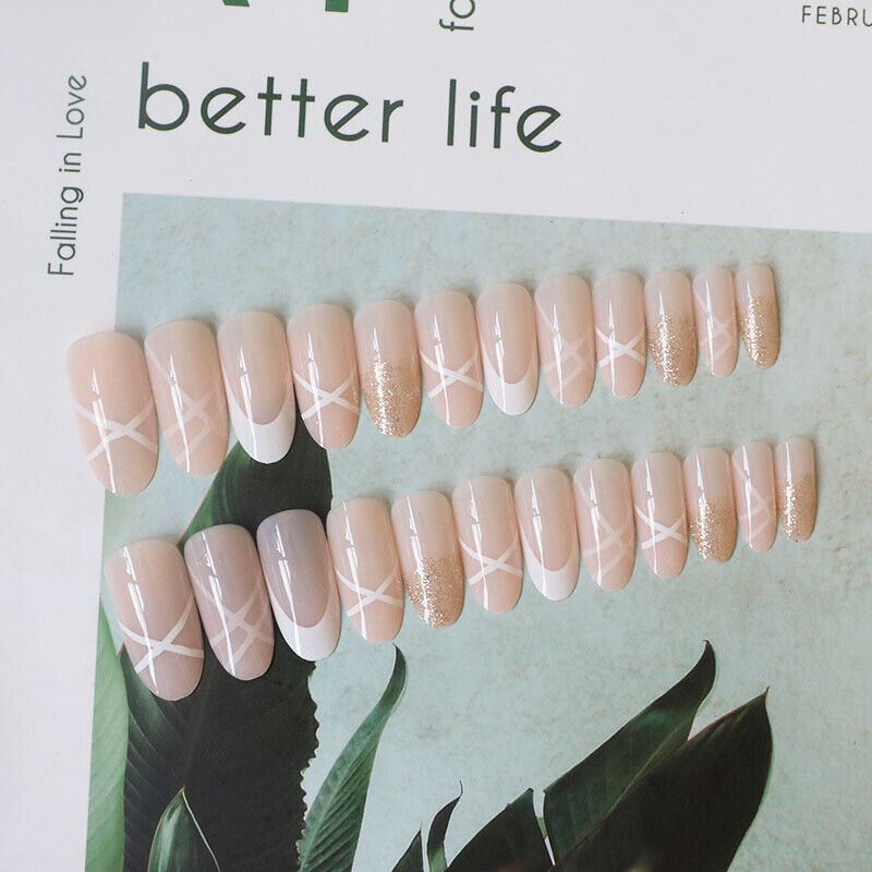 24 Pcs Women Ballerina Fake Nail Press On Long False French Manicure Full Cover - Picture 9 of 16