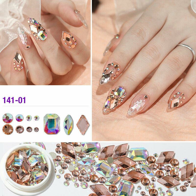 Nail Art Strasssteine AB flache Rückseite gemischte 3D-Spitzen Kristallglitzer Diamant Edelstein Box - Bild 7 von 13