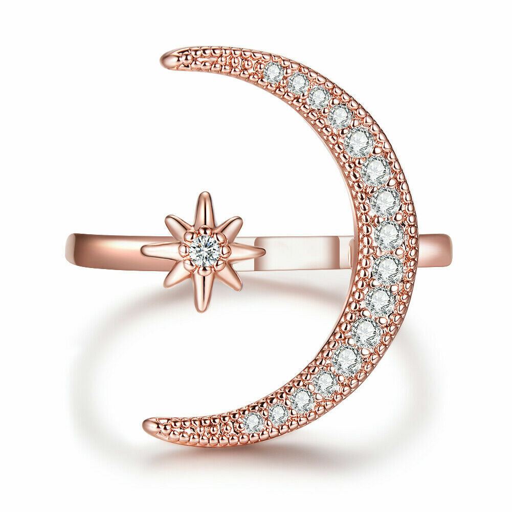 Silver Plated Gold Plated Crescent Moon Star CZ Adjustable Wrap Ring Band - Picture 15 of 20