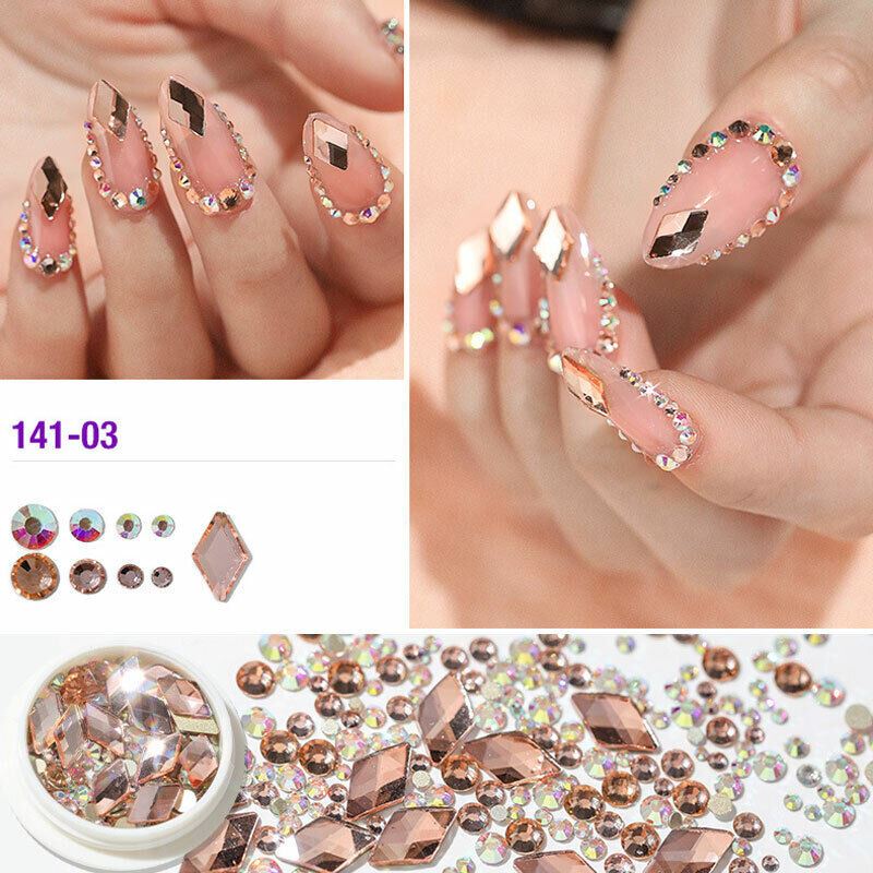 Nail Art Strasssteine AB flache Rückseite gemischte 3D-Spitzen Kristallglitzer Diamant Edelstein Box - Bild 9 von 13