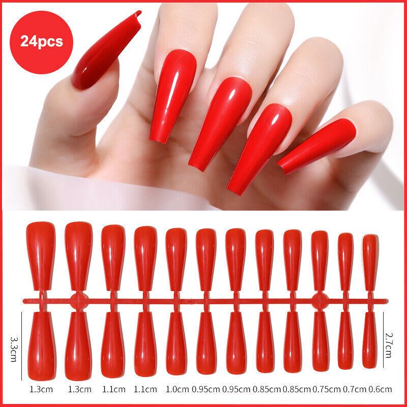 24pcs Long Coffin False Fake Coloured Full Cover Nails Extension Nail Tips - Picture 14 of 18