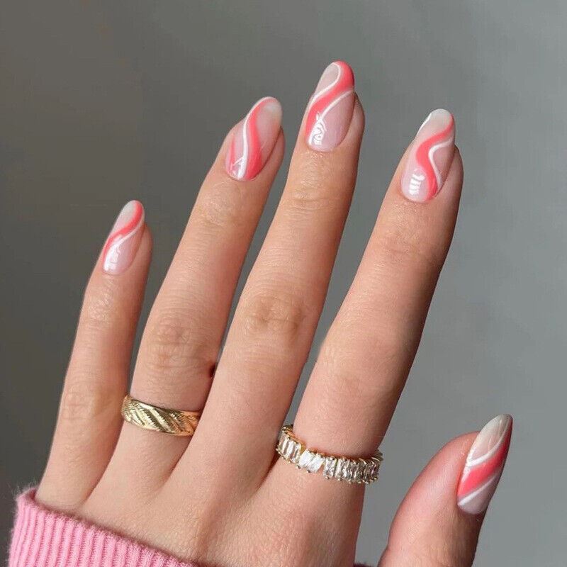 24Pcs Long Coffin Ballerina Almond Press On False Fake Nails Art With Glue Box - Picture 12 of 23