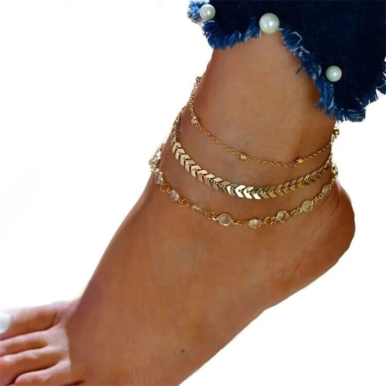 Gold Boho Ankle Bracelet Multi Layer Anklet Anklets Adjustable Chain Foot Beach - Picture 6 of 14