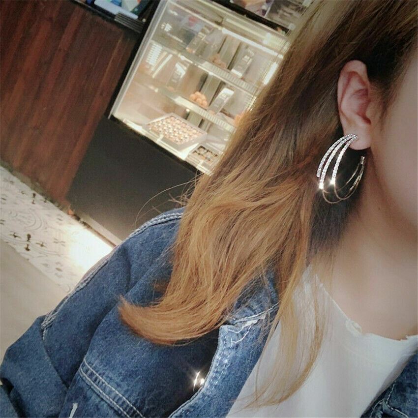 Silver Plated Earrings Large Zircon Circle Dangle Drop Ear Stud Jewellery - Picture 12 of 14