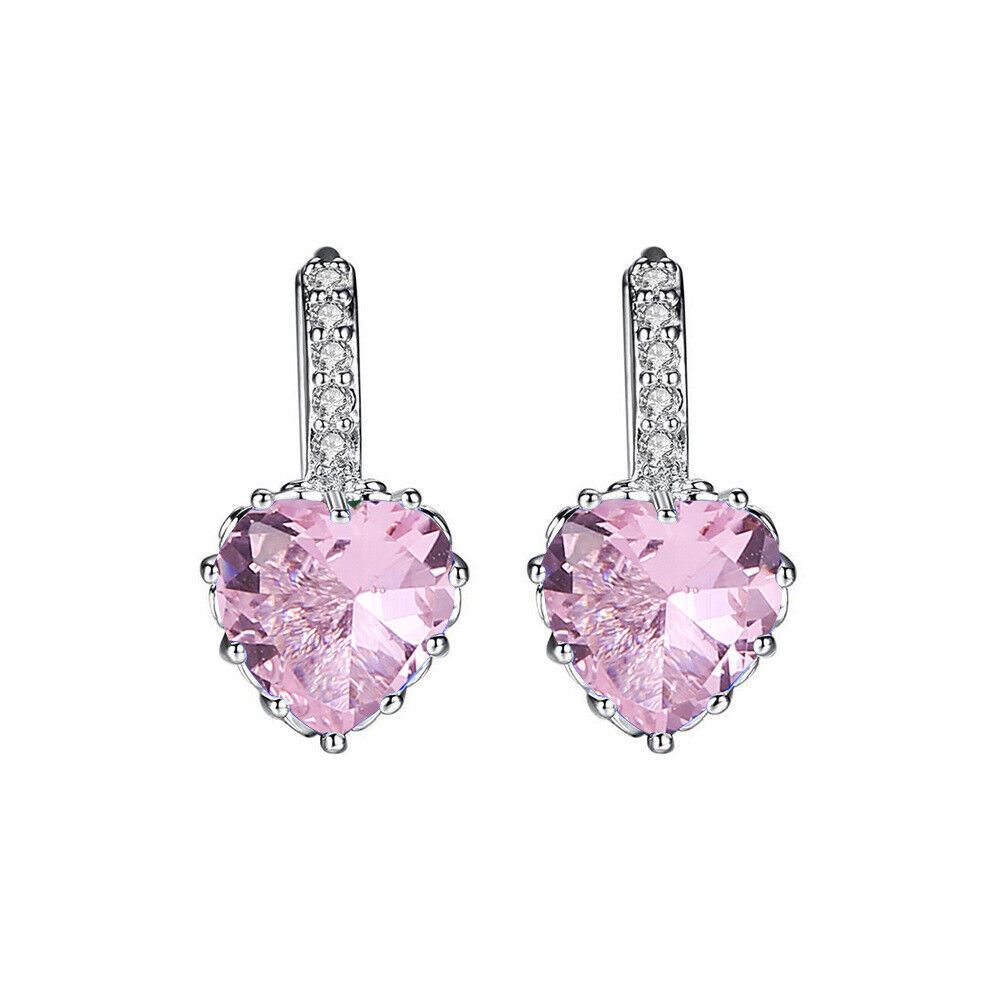 Women Earrings Girls Heart Charm Stone Stud Silver Plated Zircon Jewellery - Picture 8 of 9
