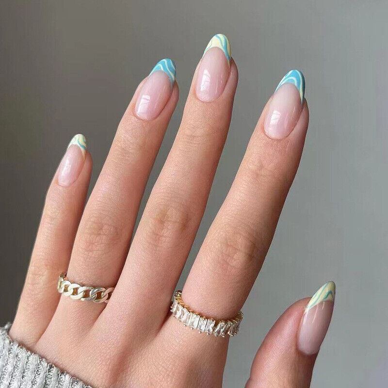 24Pcs Long Coffin Ballerina Almond Press On False Fake Nails Art With Glue Box - Picture 9 of 23