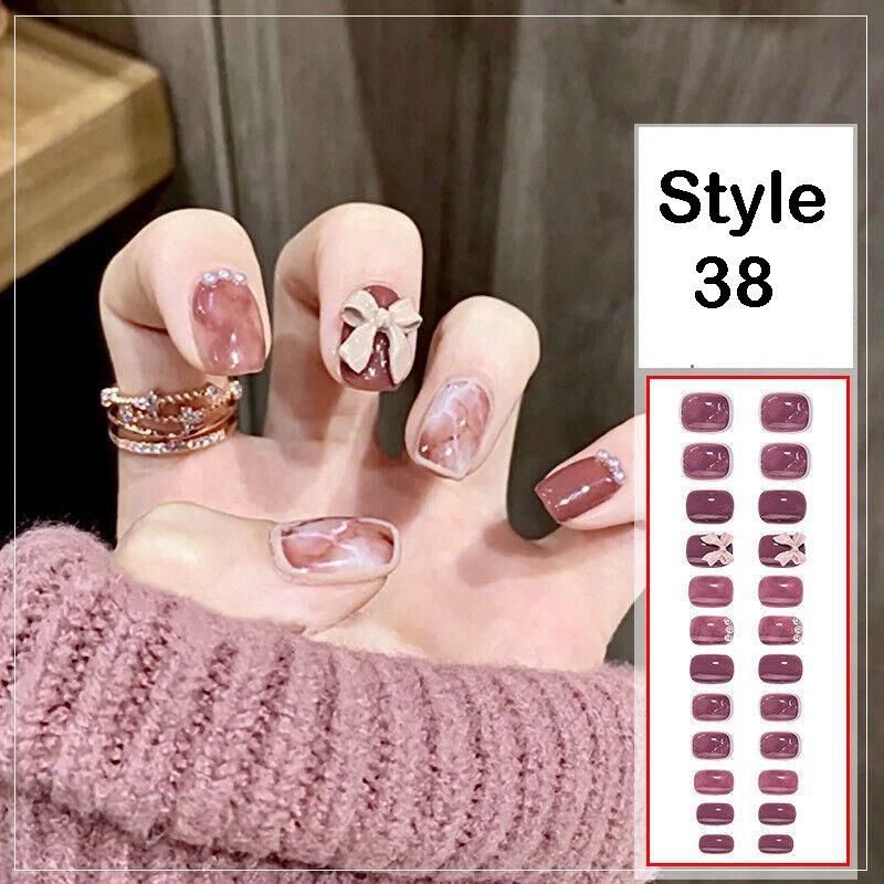 24 Pcs Press On Fake Acrylic Nails Women Girl Manicure 3D Bow Nail Art Glue Gift - Picture 14 of 17