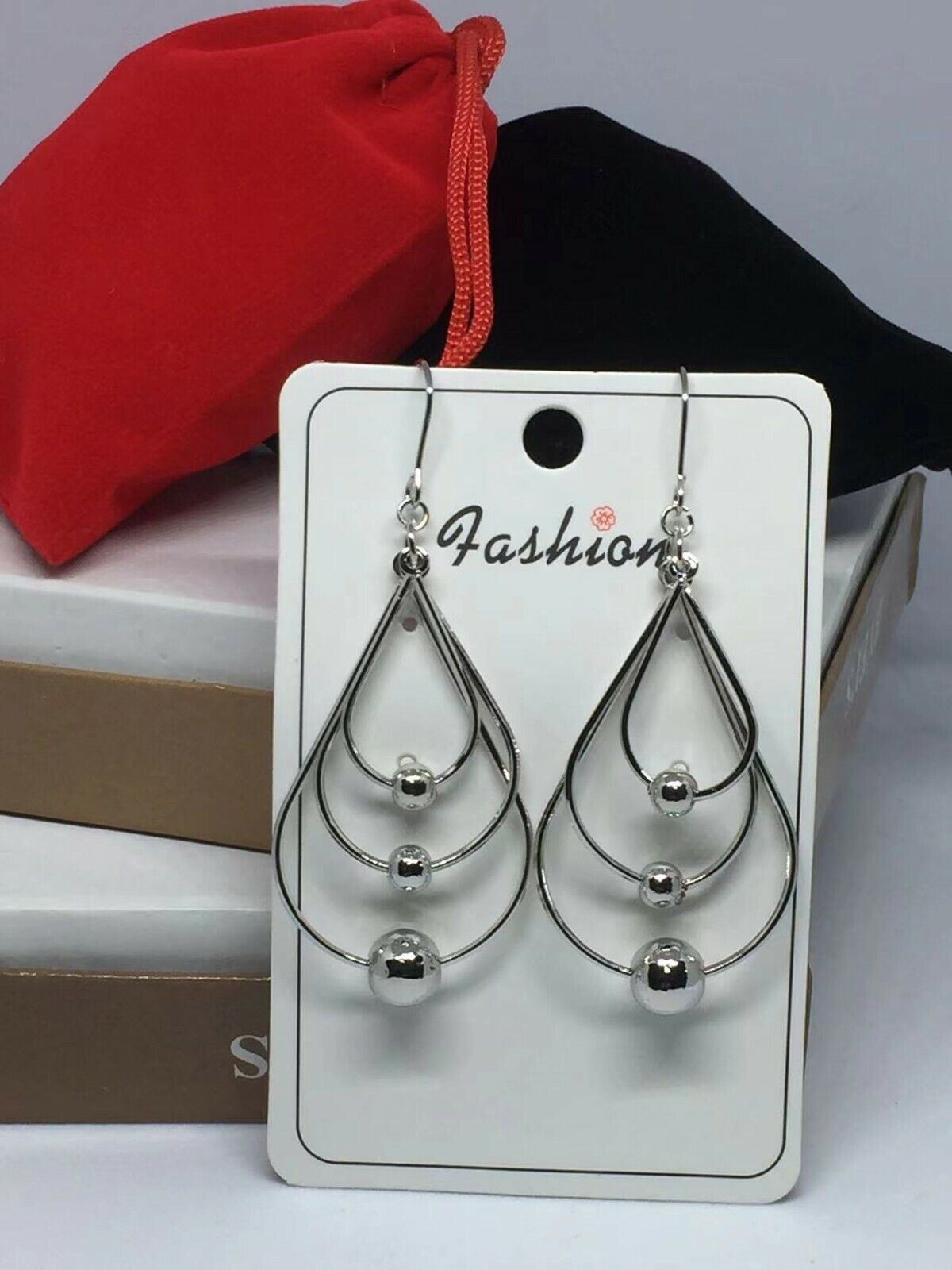 Women Silver Gold Triple Hoop Earrings Hook Drop Dangle Girls Ball Jewellery - Picture 5 of 5