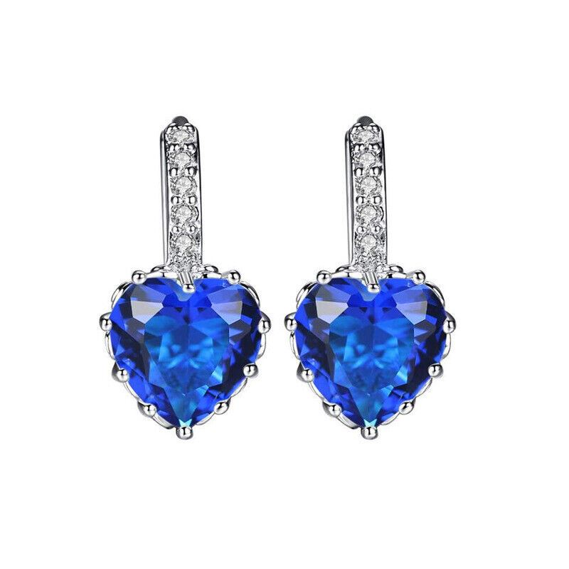 Women Earrings Girls Heart Charm Stone Stud Silver Plated Zircon Jewellery - Picture 7 of 9