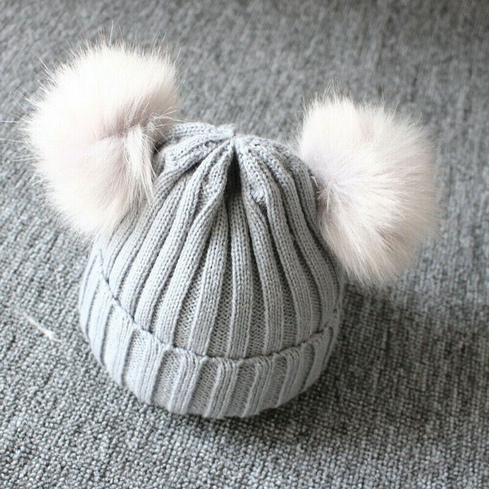 Baby Double Pom Pom Hat 2 Bobble Beanie Knitted Winter Warm Boy Girl Newborn-24M - Picture 25 of 27