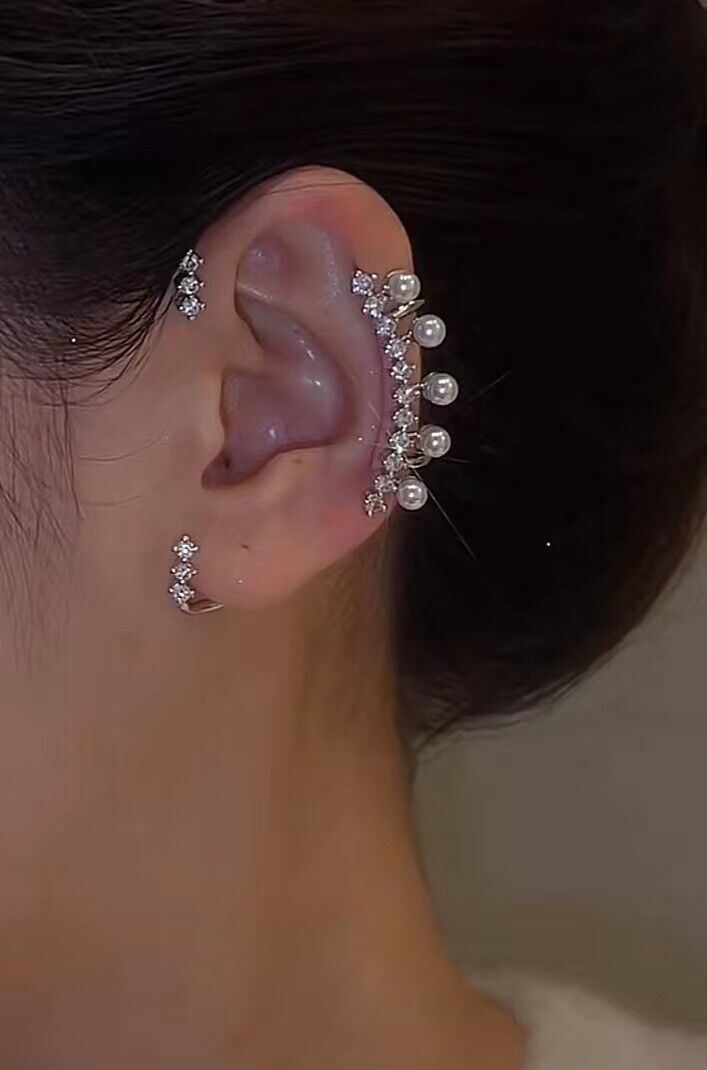 Pair Silver Gold Zircon Leaf Feather Ear Cuff Wrap Non Piercing Earring Women - Picture 7 of 7