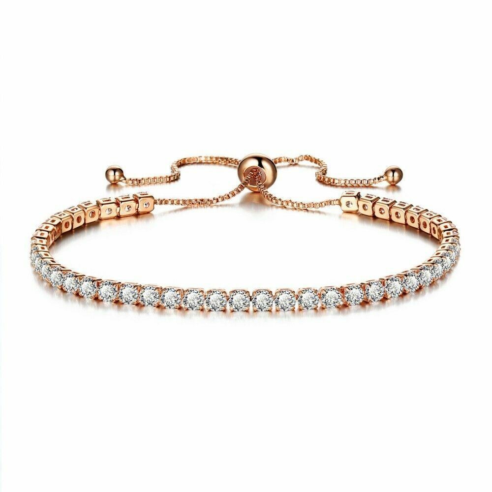 Rose Gold Adjustable Bridesmaid Women Bracelet Rhinestone Cubic Zircon Crystals - Picture 14 of 21