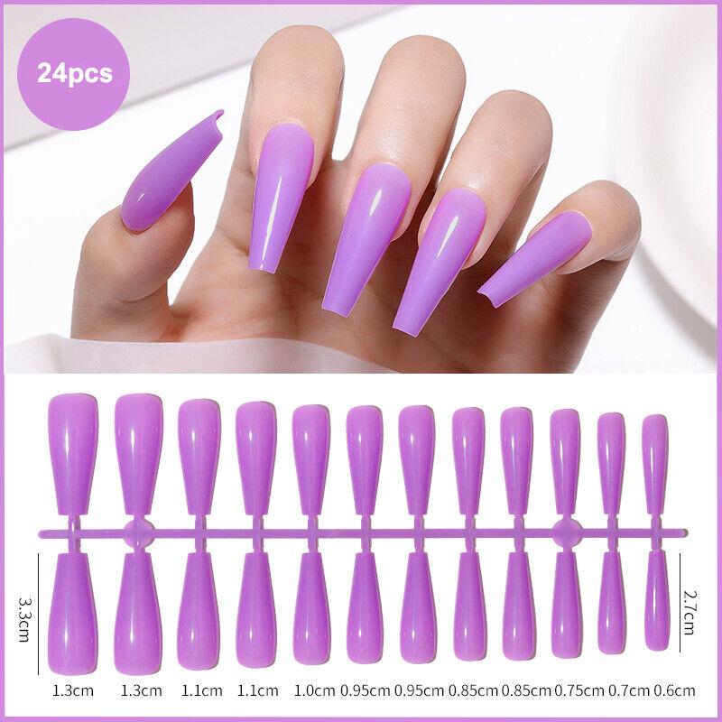 24pcs Long Coffin False Fake Coloured Full Cover Nails Extension Nail Tips - Picture 10 of 18