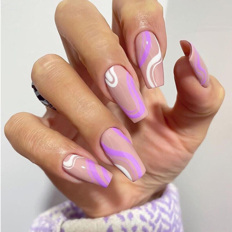 24Pcs Long Coffin Ballerina Almond Press On False Fake Nails Art With Glue Box - Picture 3 of 23