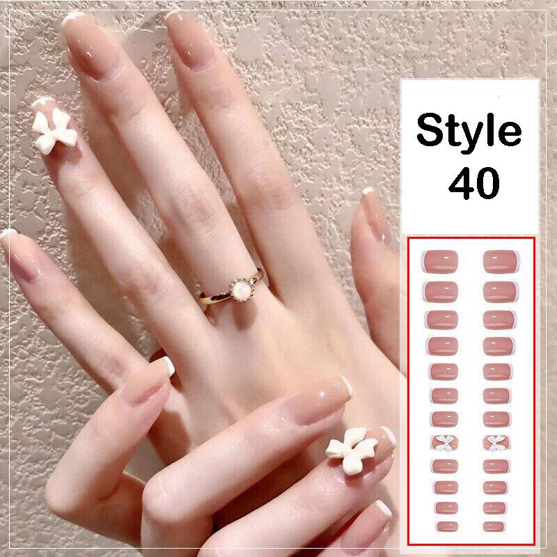 24 Pcs Press On Fake Acrylic Nails Women Girl Manicure 3D Bow Nail Art Glue Gift - Picture 16 of 17