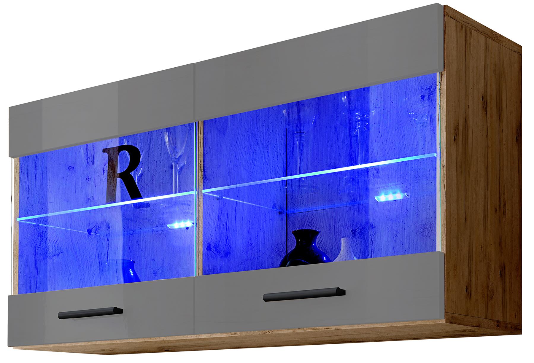 Wall Display Unit Glass Shelves Cupboard Storage Living Room