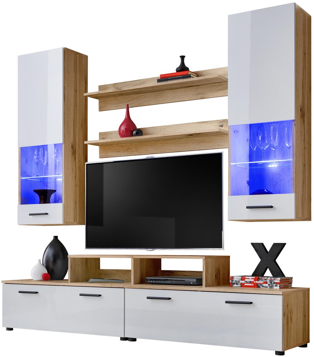 Wohnwand TVWand Anbauwand Wohnzimmer Möbel Hochglanz&Holz