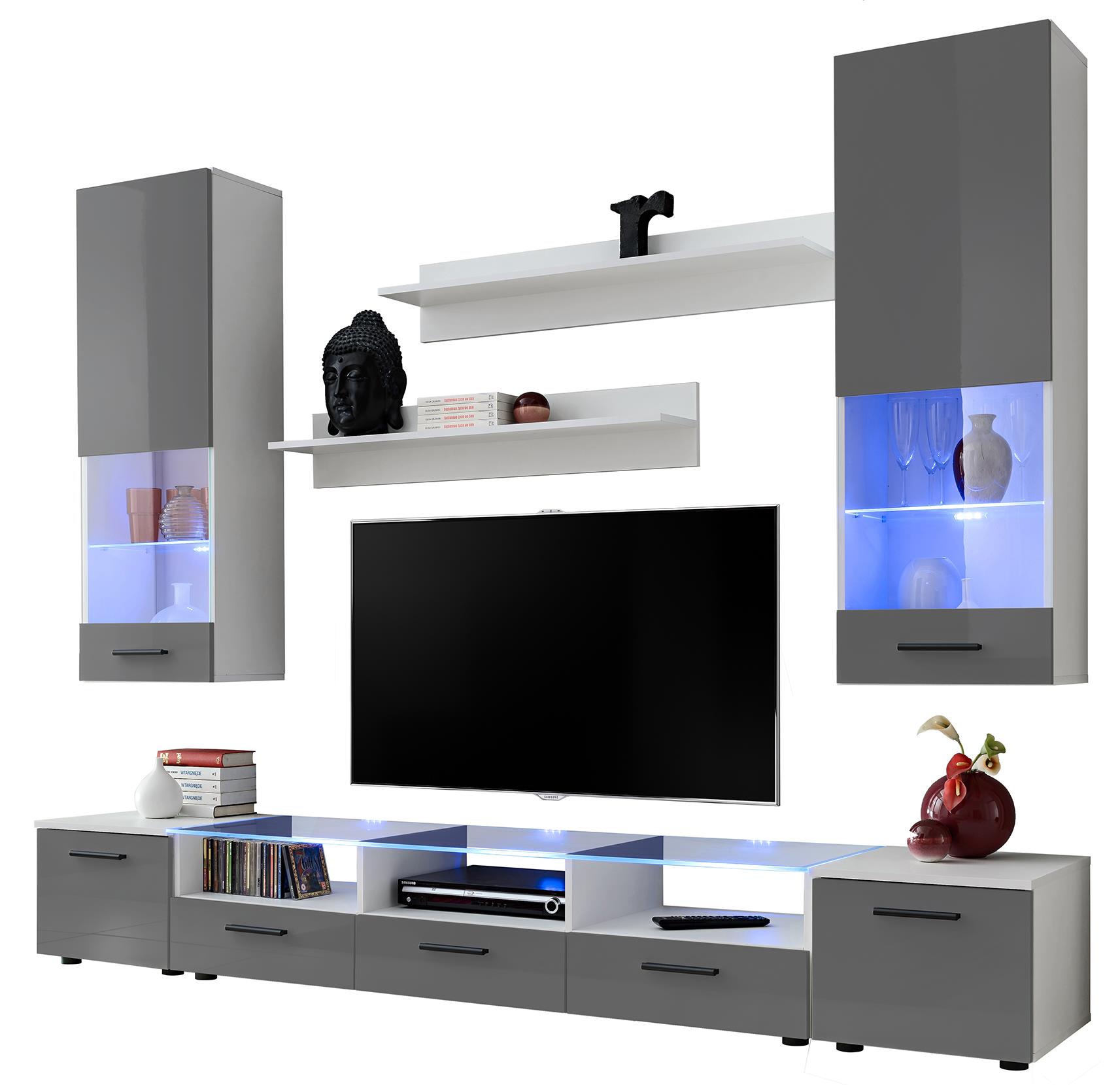 Wohnwand TVWand Anbauwand Wohnzimmer Möbel Hochglanz&Holz