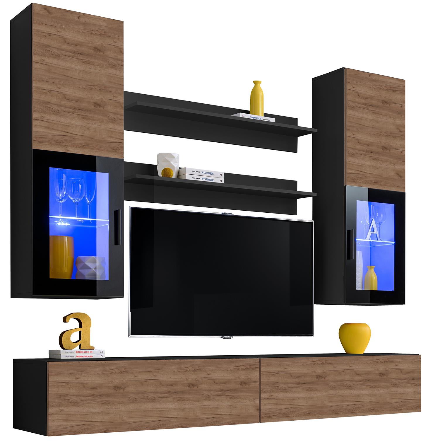 Wohnwand TVWand Anbauwand Wohnzimmer Möbel Hochglanz&Holz