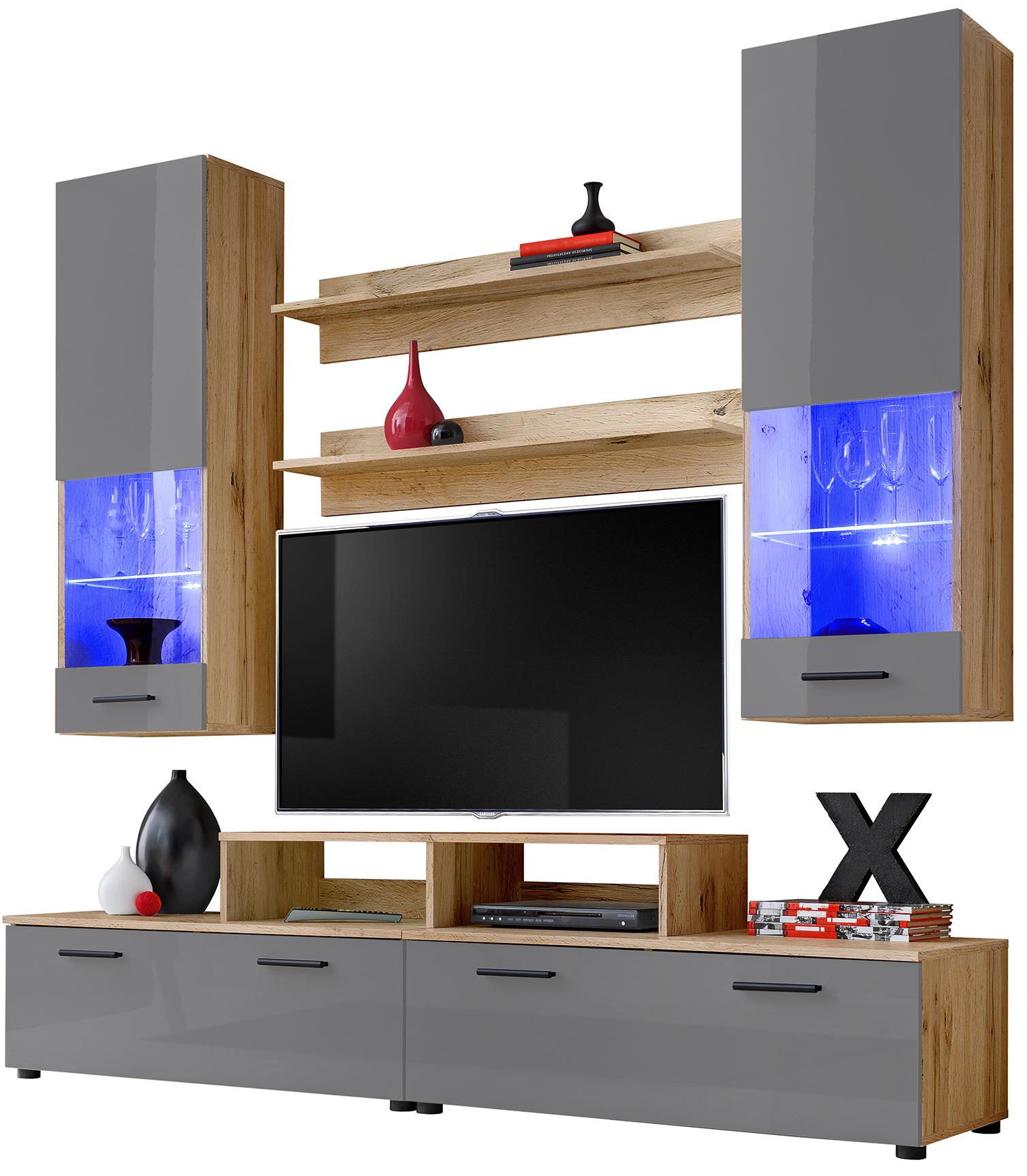 Wohnwand TVWand Anbauwand Wohnzimmer Möbel Hochglanz&Holz