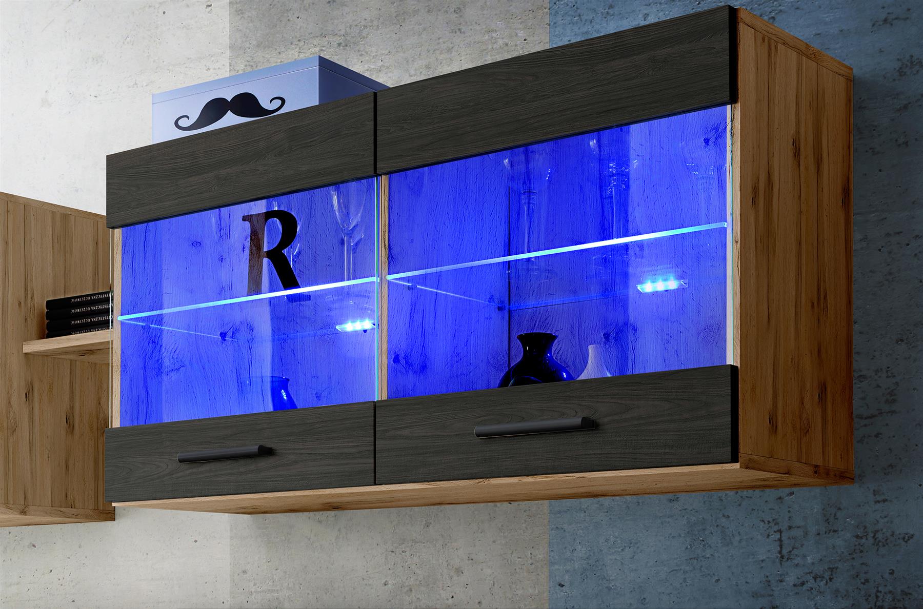 Wall Display Unit Glass Shelves Cupboard Storage Living Room