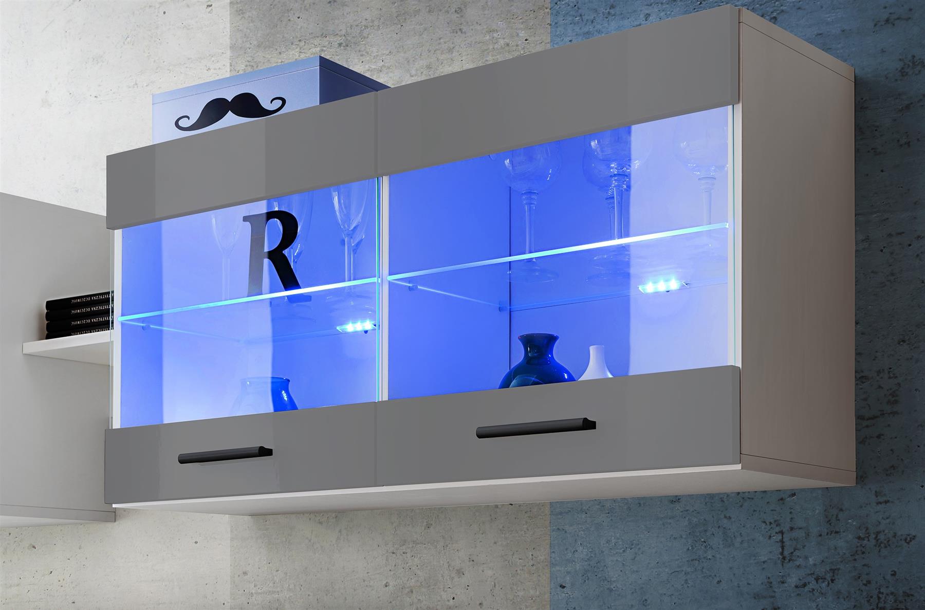 Wall Display Unit Glass Shelves Cupboard Storage Living Room