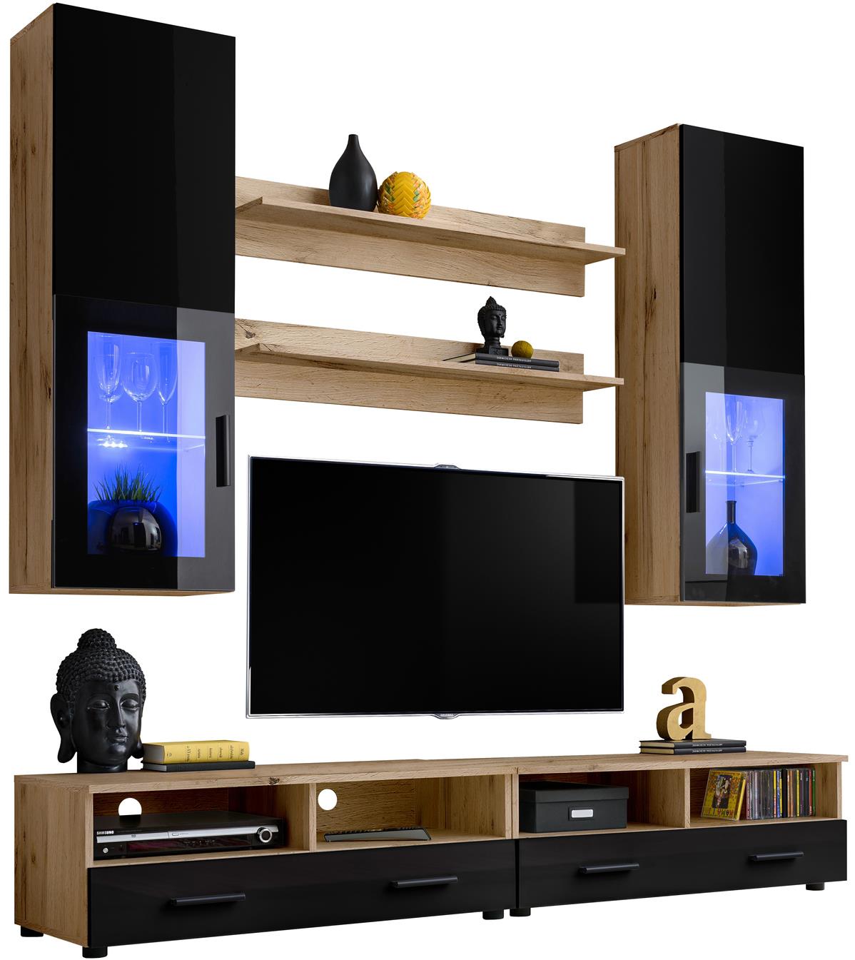 Wohnwand TVWand Anbauwand Wohnzimmer Möbel Hochglanz&Holz