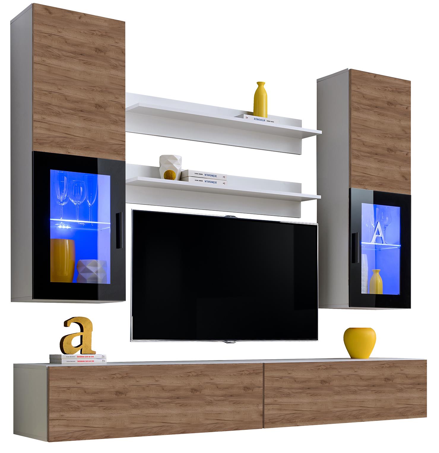 Wohnwand TVWand Anbauwand Wohnzimmer Möbel Hochglanz&Holz