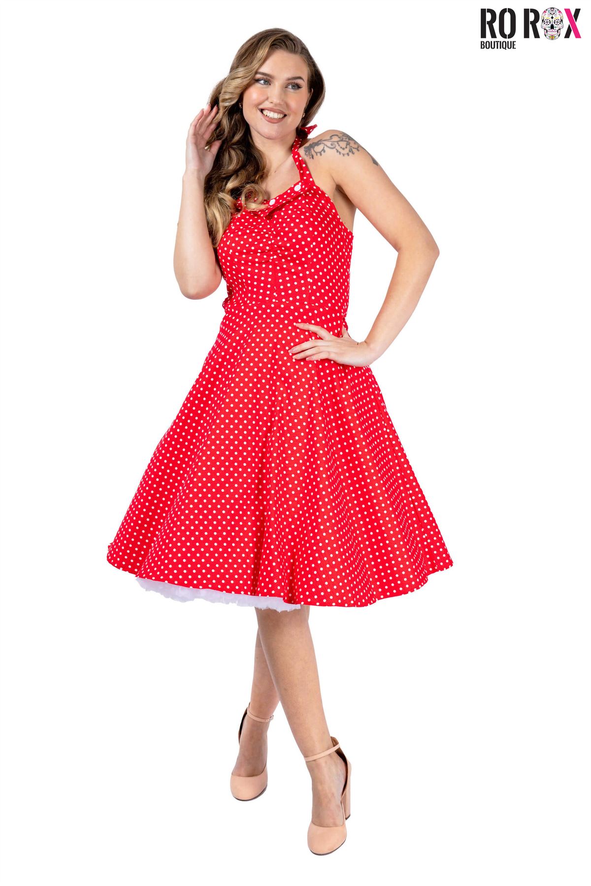 1950's Retro Polka Dot Swing Pin-up Dress - Women's Vintage Midi Halter Dress - Picture 13 of 17