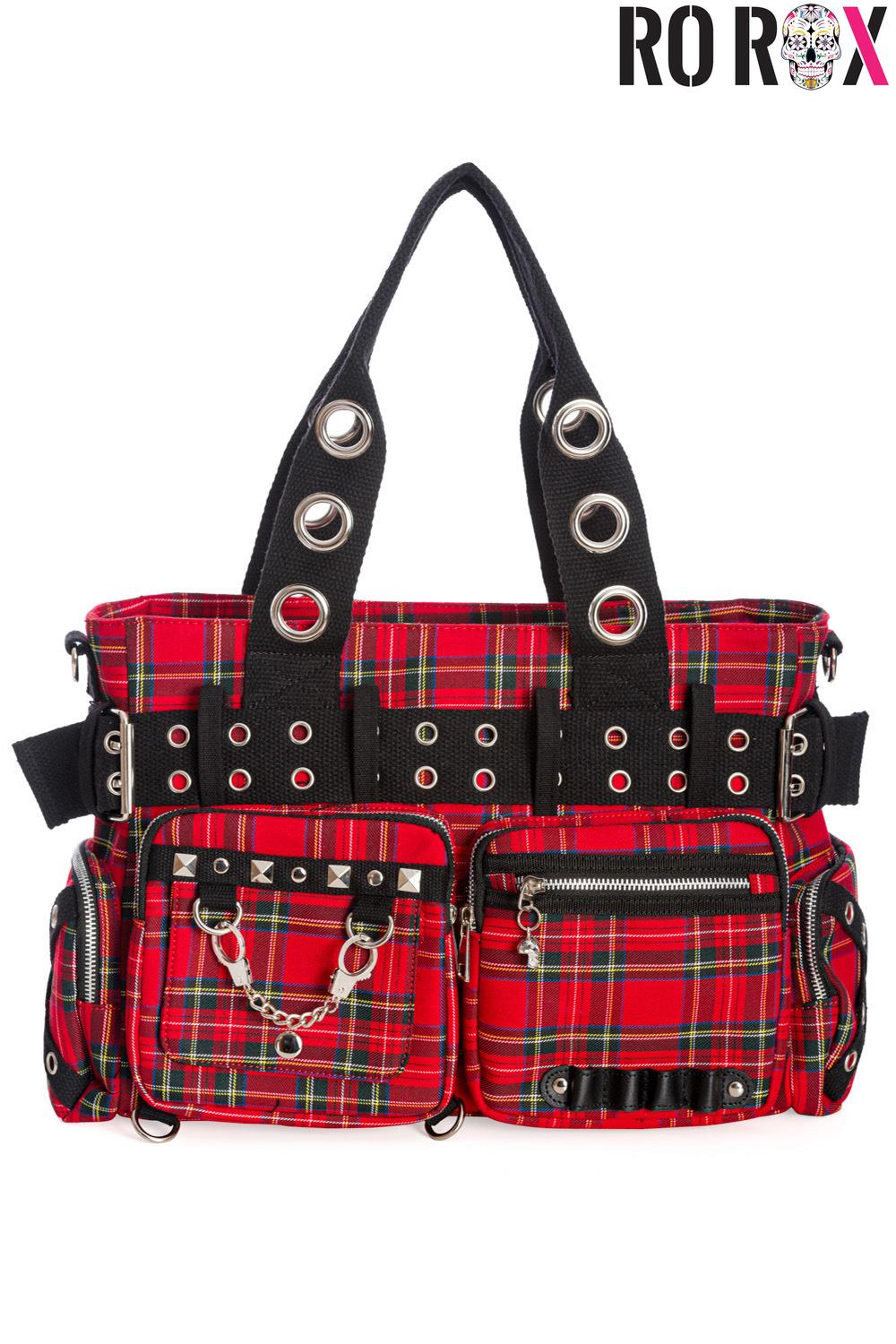 Banned Camdyn Shoulder Bag Tartan Plaid Check Grunge Punk Handcuff Detailing - Picture 10 of 17