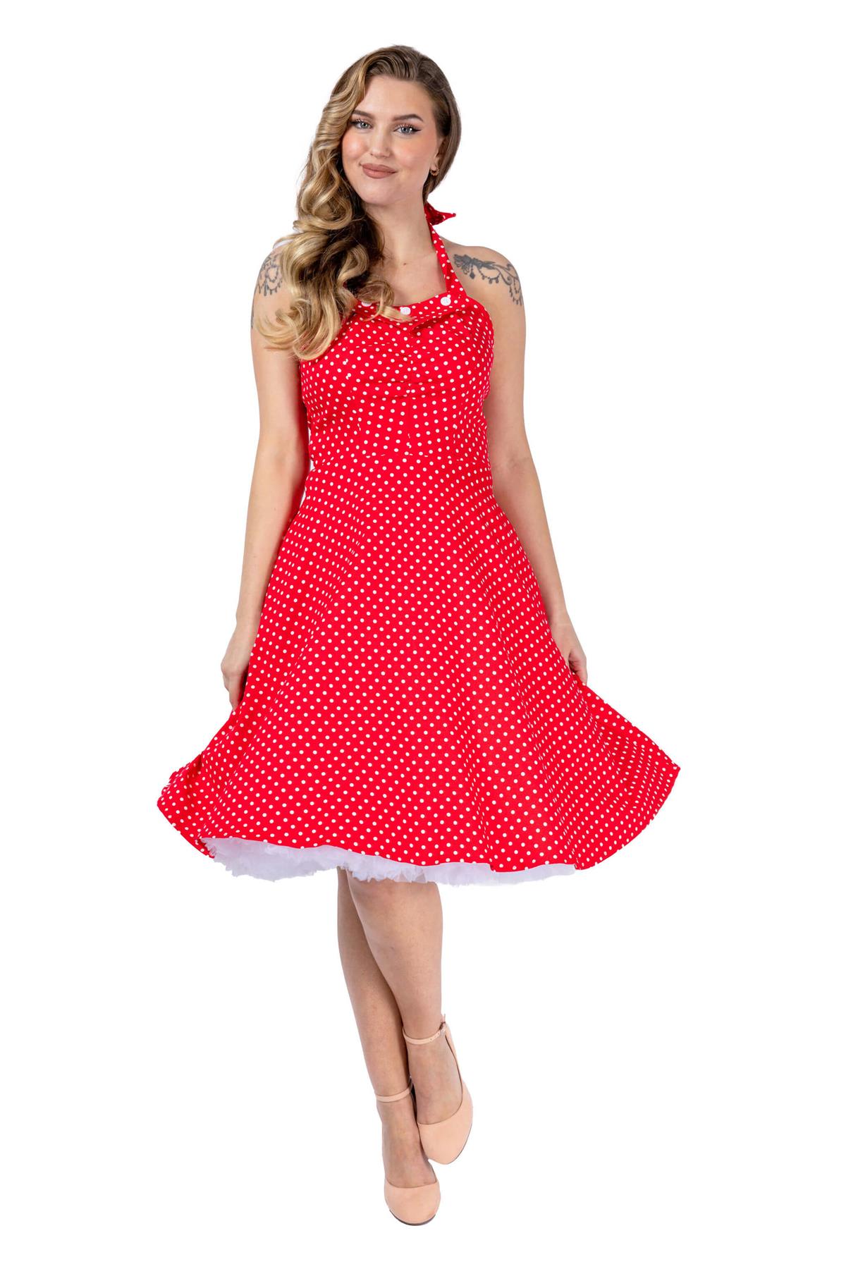 1950's Retro Polka Dot Swing Pin-up Dress - Women's Vintage Midi Halter Dress - Picture 14 of 17