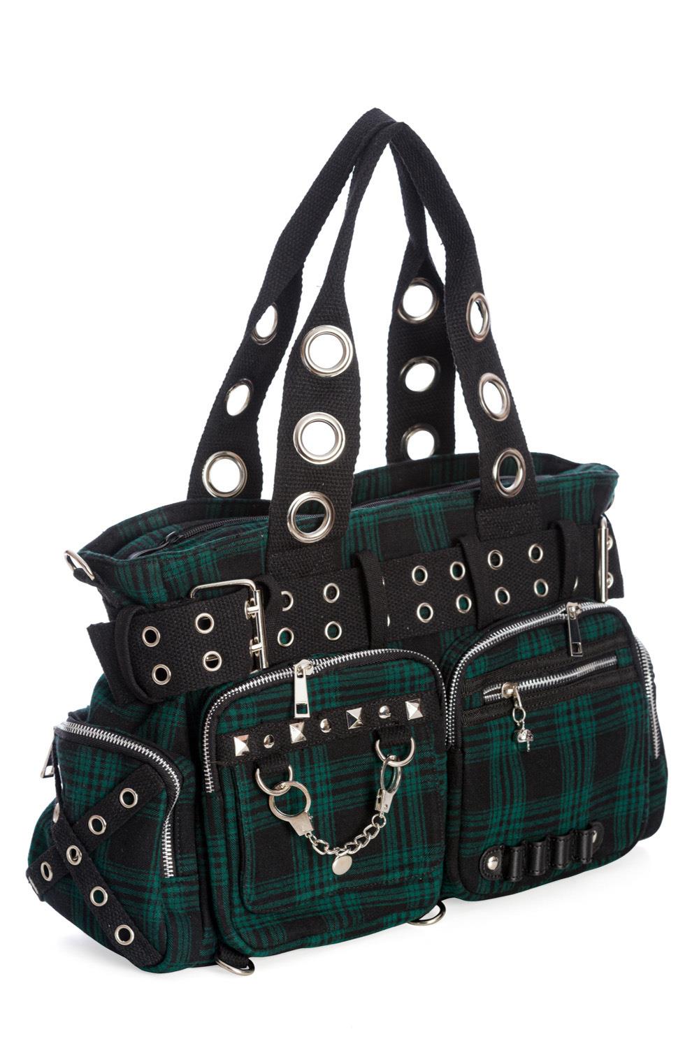 Banned Camdyn Shoulder Bag Tartan Plaid Check Grunge Punk Handcuff Detailing - Picture 17 of 17