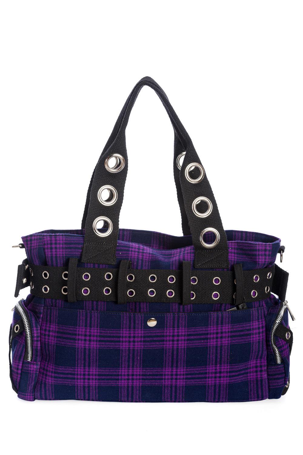 Banned Camdyn Shoulder Bag Tartan Plaid Check Grunge Punk Handcuff Detailing - Picture 8 of 17