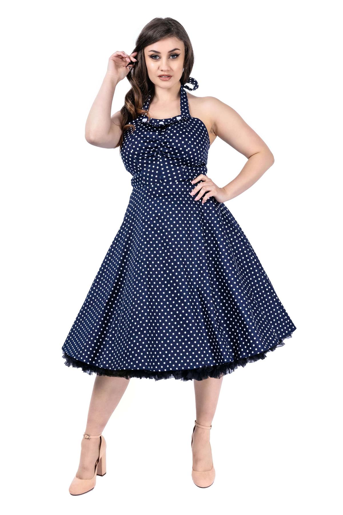 1950's Retro Polka Dot Swing Pin-up Dress - Women's Vintage Midi Halter Dress - Picture 9 of 17