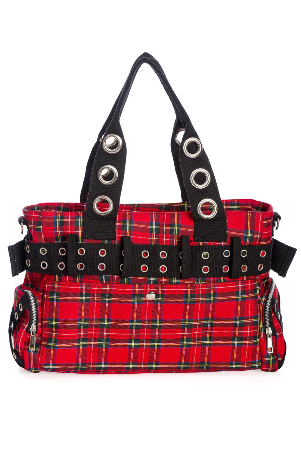 Banned Camdyn Shoulder Bag Tartan Plaid Check Grunge Punk Handcuff Detailing - Picture 12 of 17