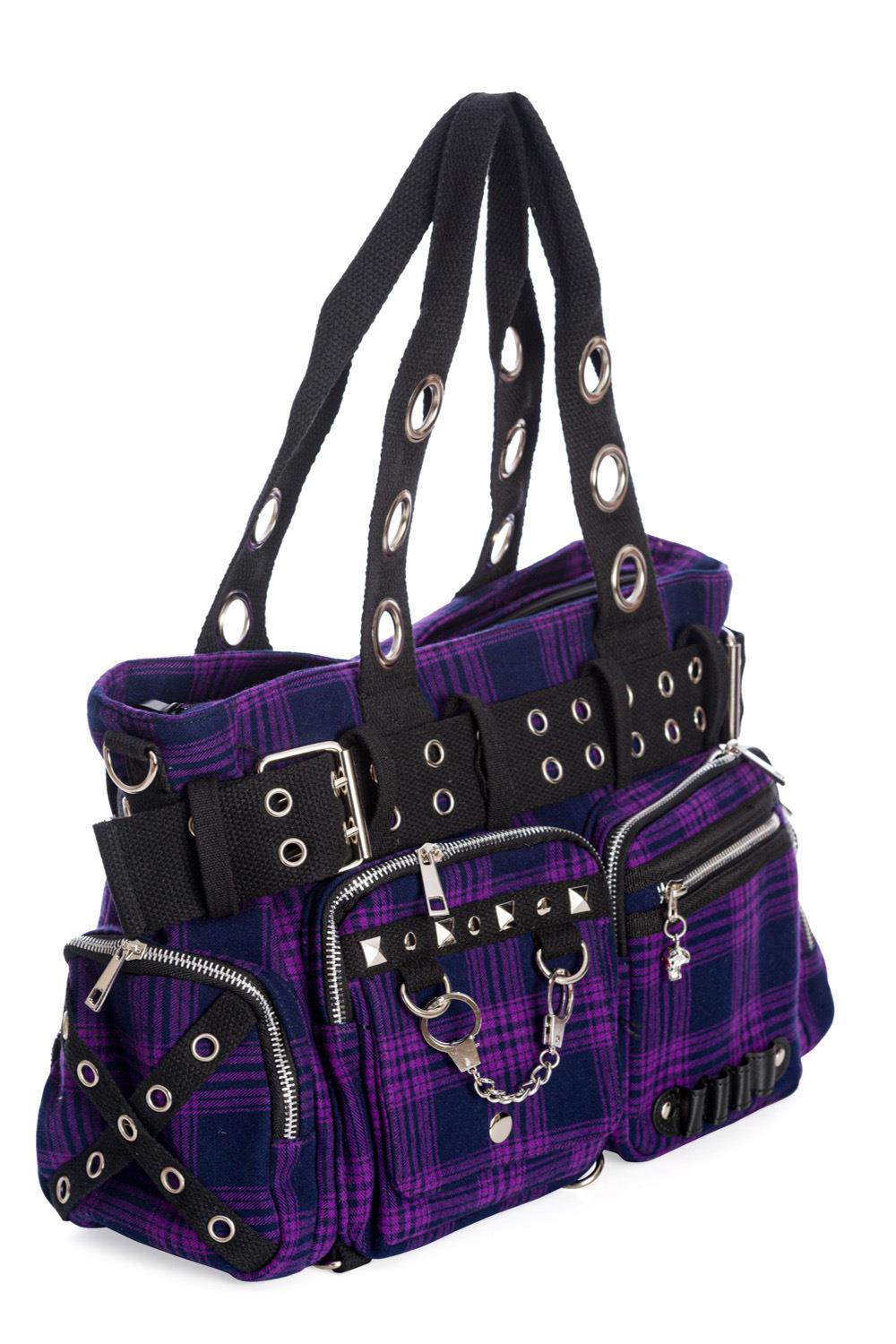 Banned Camdyn Shoulder Bag Tartan Plaid Check Grunge Punk Handcuff Detailing - Picture 9 of 17