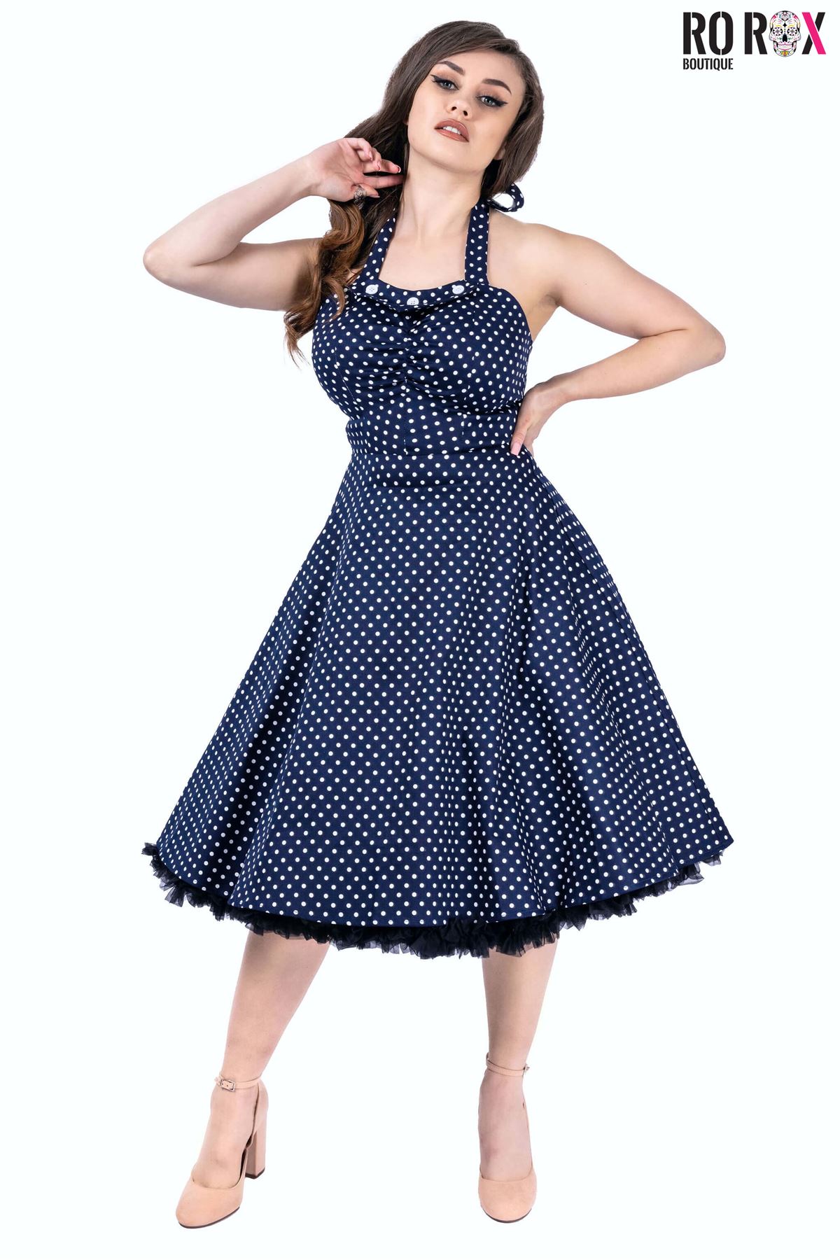 1950's Retro Polka Dot Swing Pin-up Dress - Women's Vintage Midi Halter Dress - Picture 8 of 17