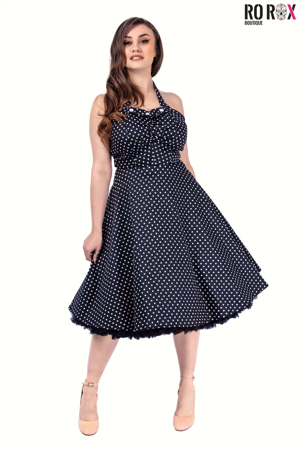 1950's Retro Polka Dot Swing Pin-up Dress - Women's Vintage Midi Halter Dress - Picture 3 of 17