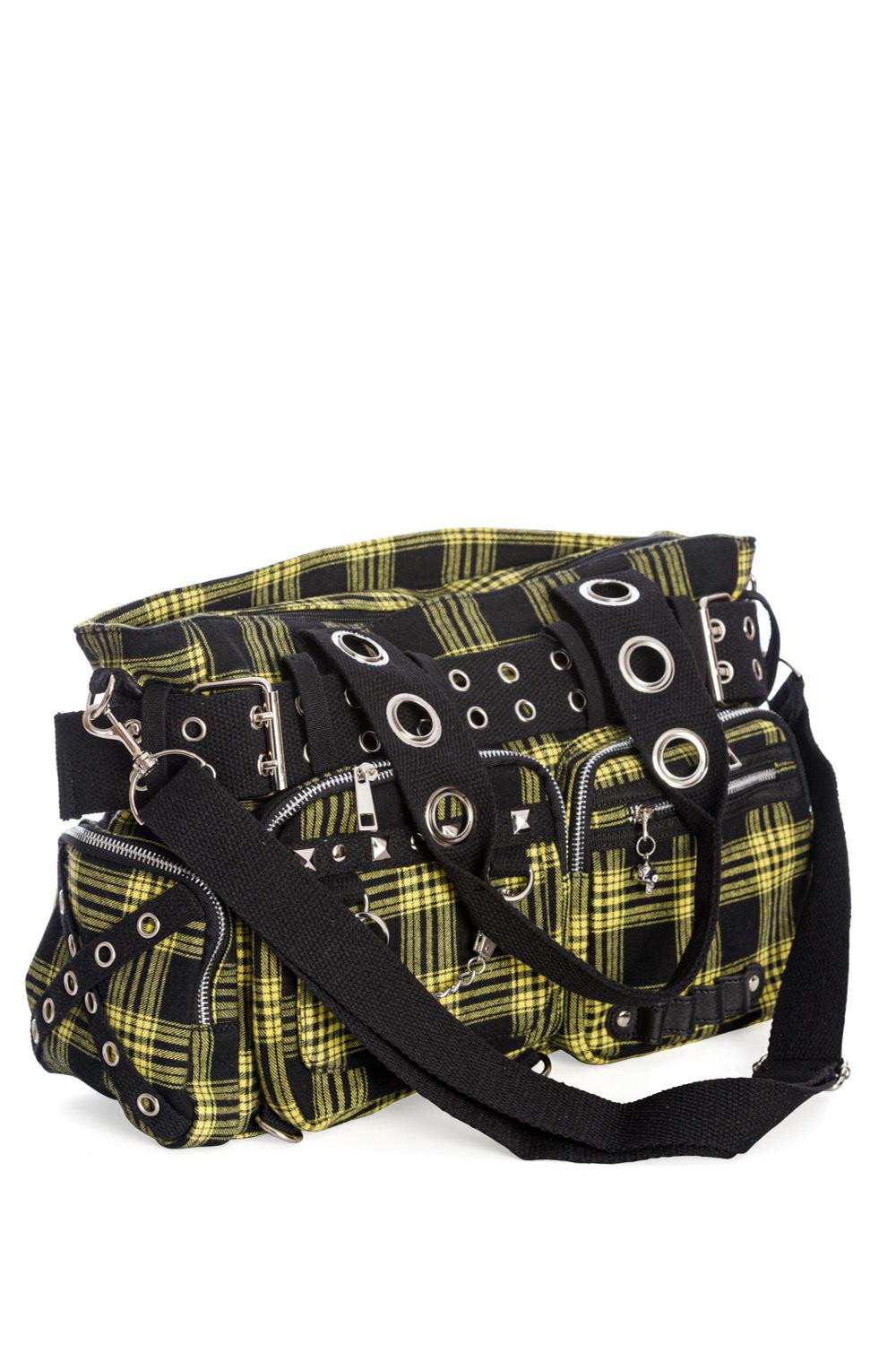Banned Camdyn Shoulder Bag Tartan Plaid Check Grunge Punk Handcuff Detailing - Picture 3 of 17