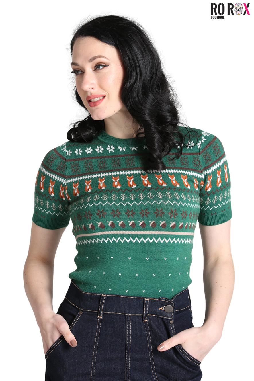 Hell Bunny Vixey Jumper Fox Knitted 50's 60's Vintage Retro Pinup Short Sleeve - Picture 2 of 16