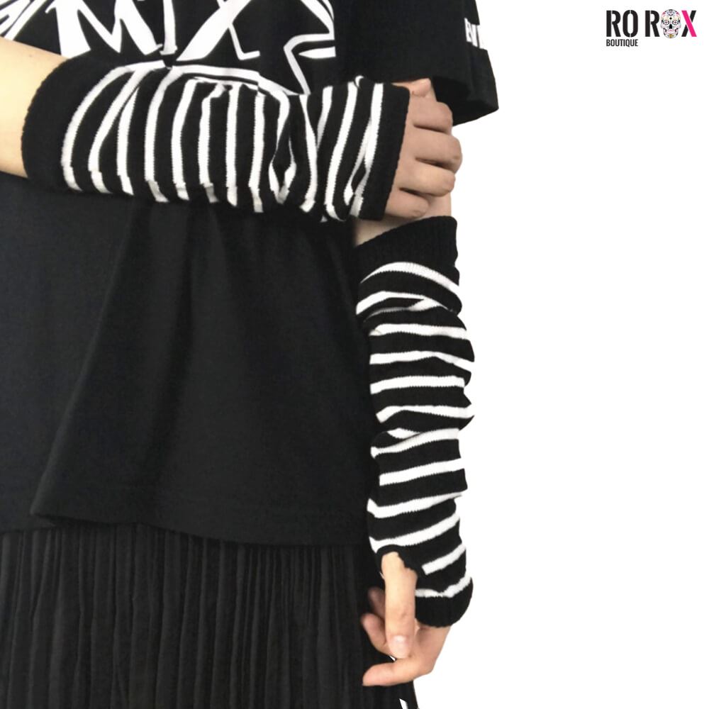 Ro Rox Gothic Striped Armwarmers Fingerless Thumbhole Elbow Gloves Knitted Punk - Picture 6 of 9