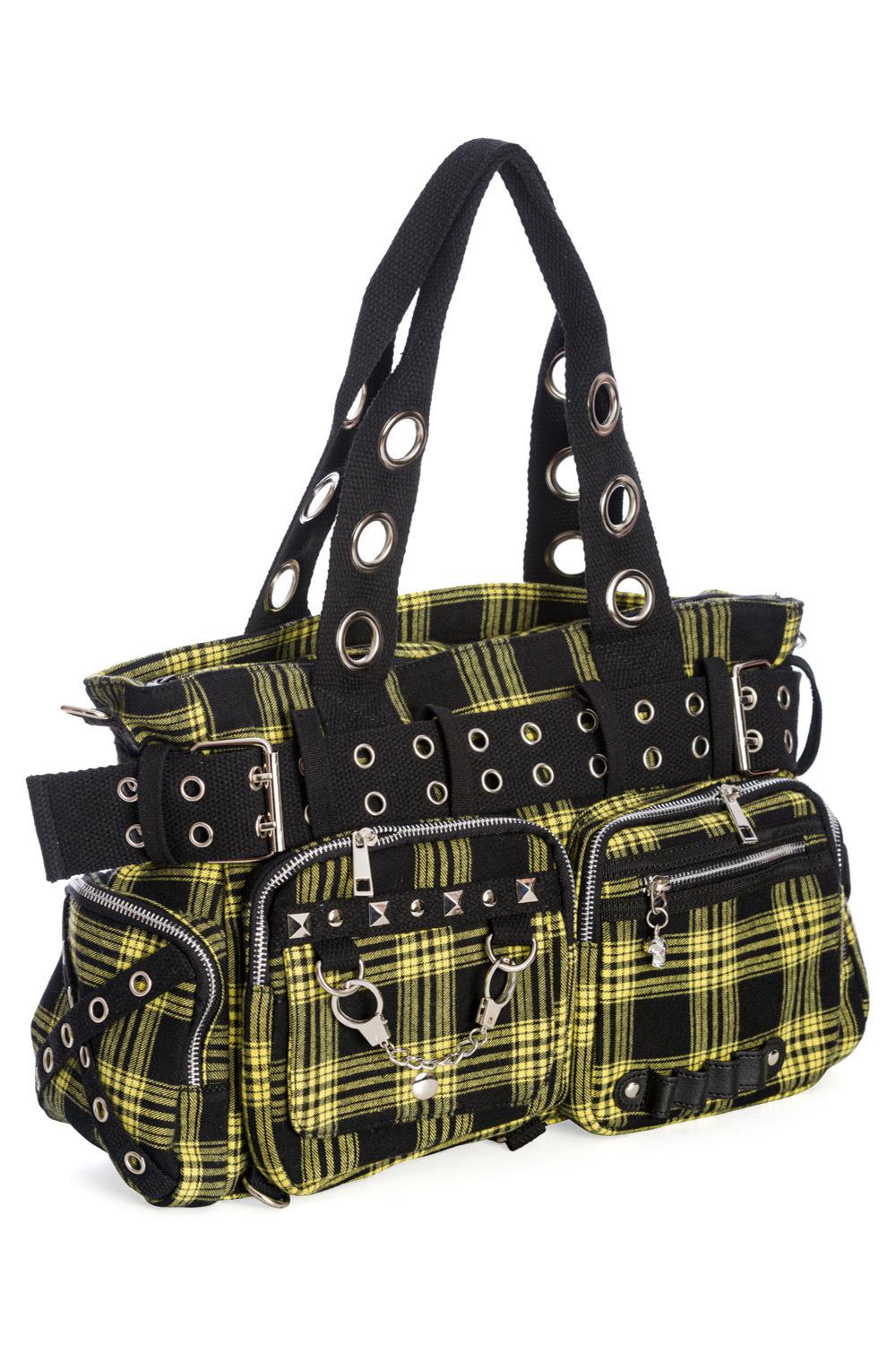 Banned Camdyn Shoulder Bag Tartan Plaid Check Grunge Punk Handcuff Detailing - Picture 5 of 17