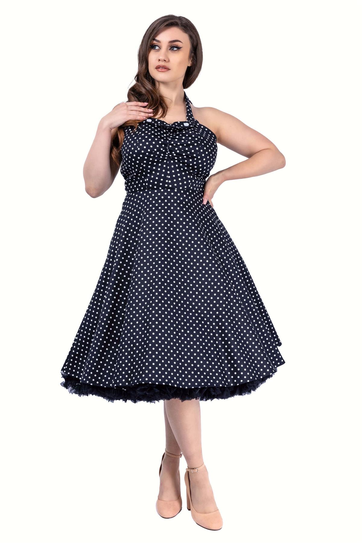 1950's Retro Polka Dot Swing Pin-up Dress - Women's Vintage Midi Halter Dress - Picture 4 of 17
