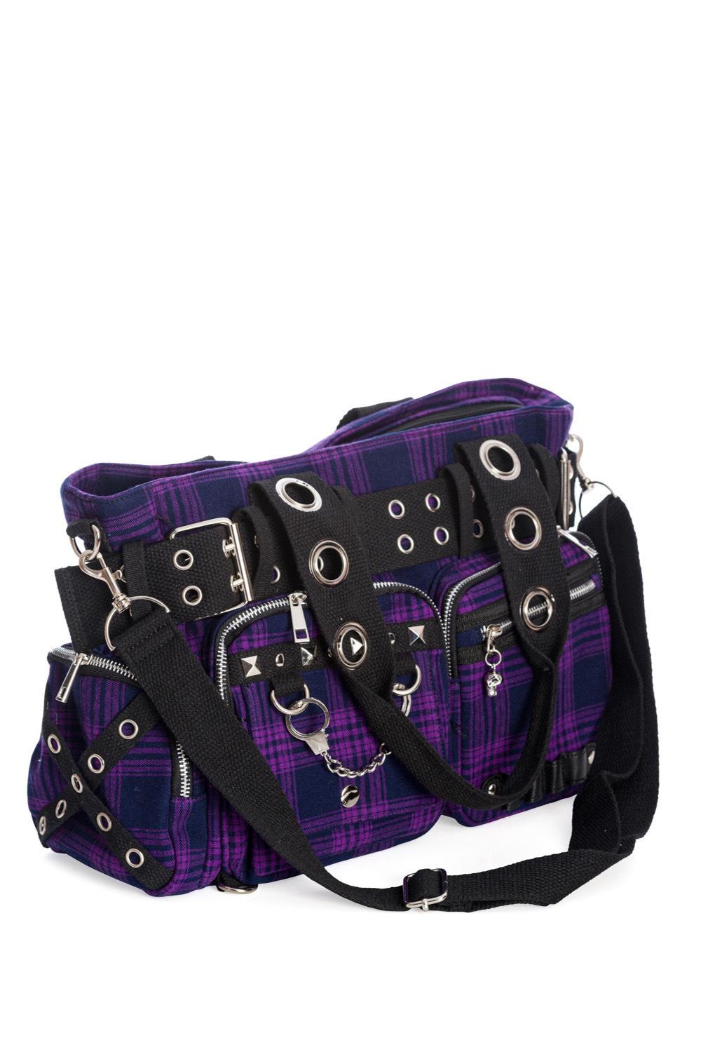 Banned Camdyn Shoulder Bag Tartan Plaid Check Grunge Punk Handcuff Detailing - Picture 7 of 17