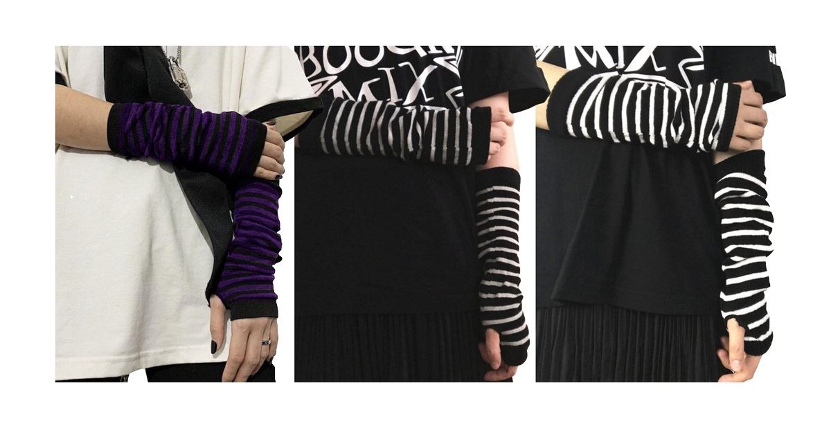 Ro Rox Gothic Striped Armwarmers Fingerless Thumbhole Elbow Gloves Knitted Punk - Picture 3 of 9