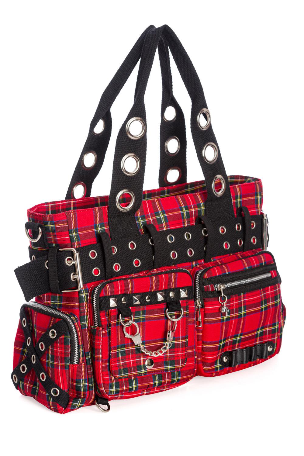 Banned Camdyn Shoulder Bag Tartan Plaid Check Grunge Punk Handcuff Detailing - Picture 13 of 17