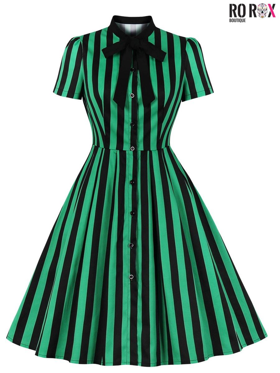 Lilith Stripe Dress Ro Rox Midi Short Sleeve Button Down Gothic Sexy Alternative - Picture 9 of 15